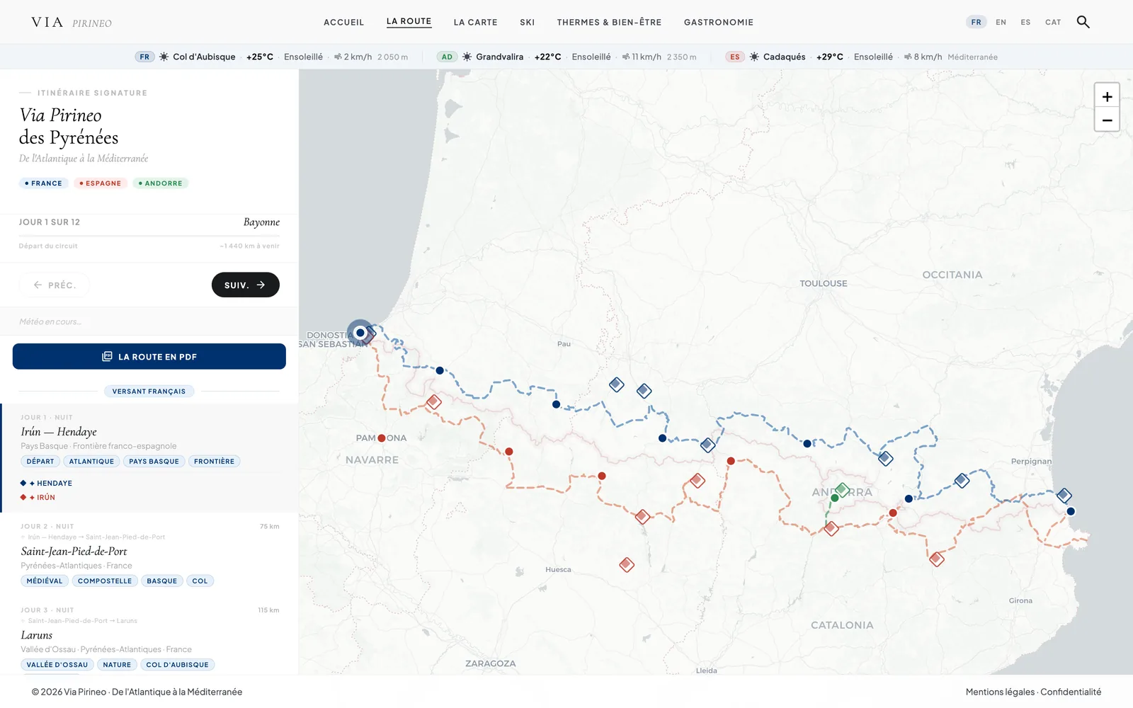 Carte interactive du roadtrip Via Pirineo, avec le tracé des versants français et espagnol et le passage par l'Andorre