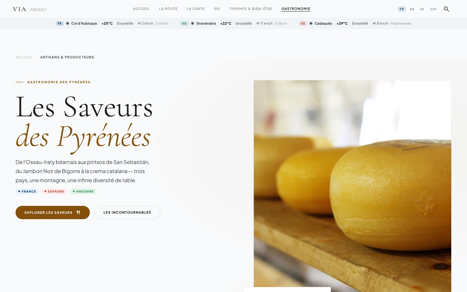 Page Gastronomie de Via Pirineo, présentant les producteurs et produits pyrénéens